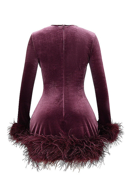 Velvet Dress - Elegant Ladies Mini Dress With Feather Trim