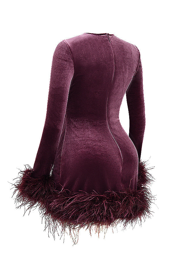 Velvet Dress - Elegant Ladies Mini Dress With Feather Trim