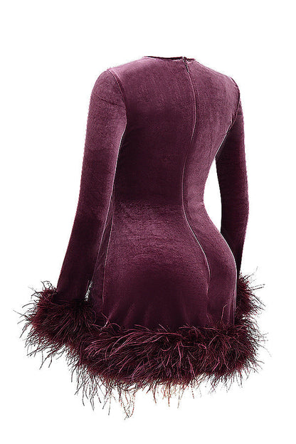 Velvet Dress - Elegant Ladies Mini Dress With Feather Trim