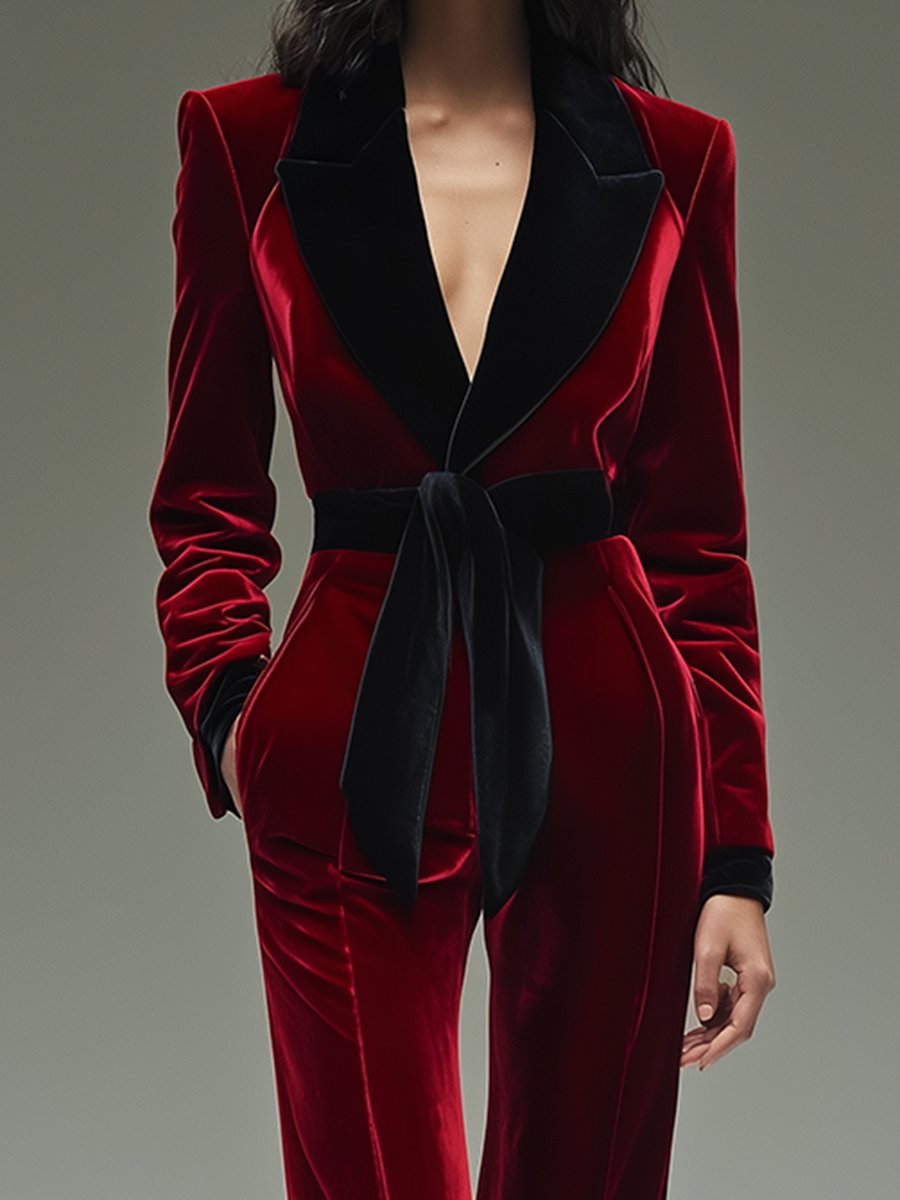 Velvet Jumpsuit - Stylish Red Ladies Long-Sleeve Jumpsuit