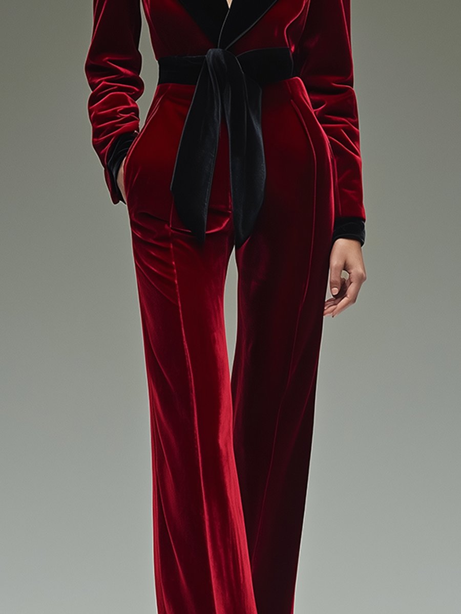 Velvet Jumpsuit - Stylish Red Ladies Long-Sleeve Jumpsuit