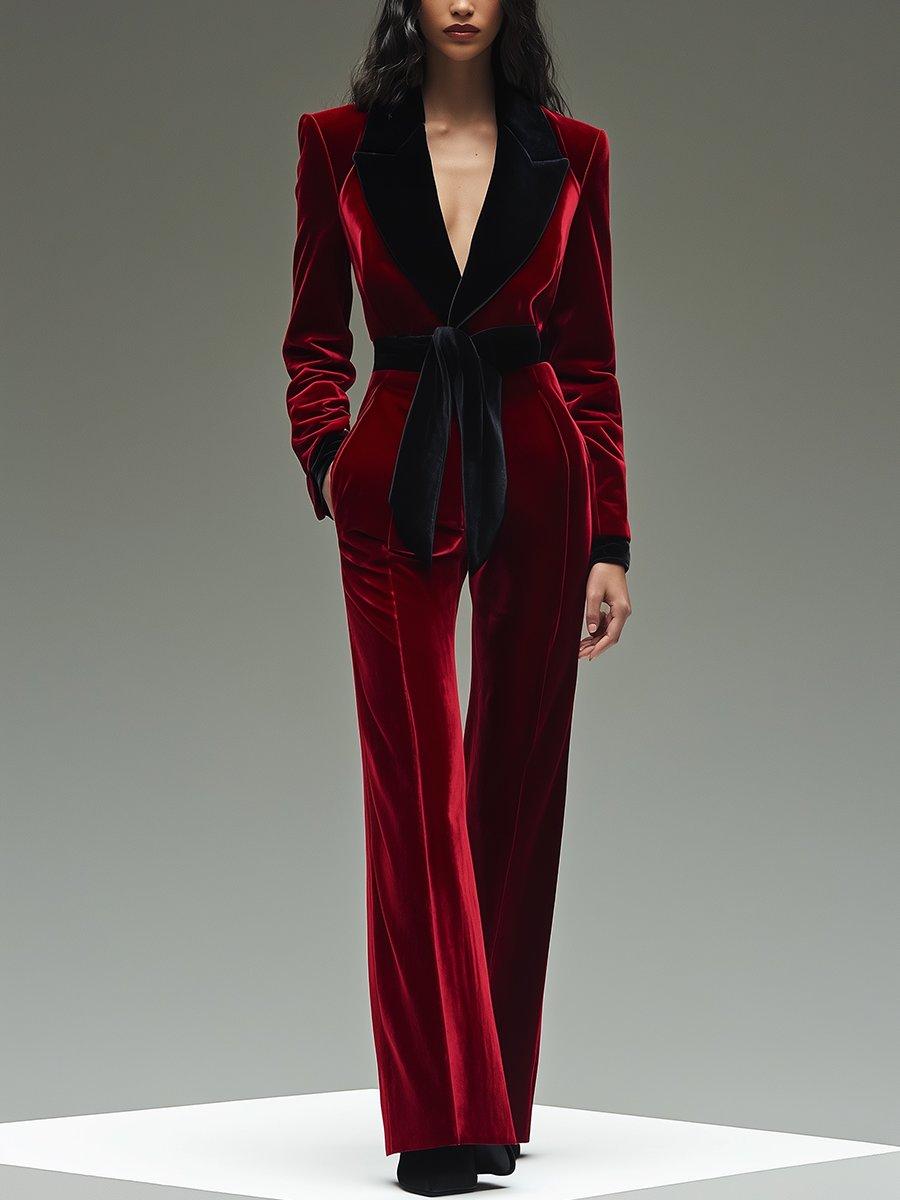 Velvet Jumpsuit - Stylish Red Ladies Long-Sleeve Jumpsuit