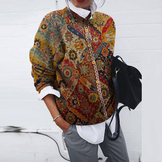 Vintage Patterned Jacket - Ladies Elegant Multicoloured Button-Up