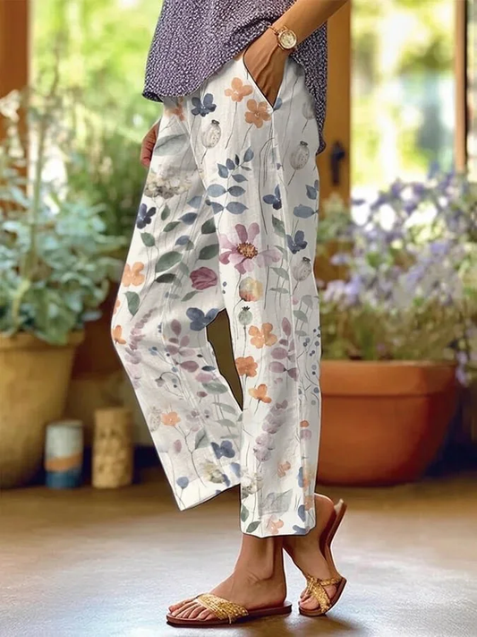 White Floral Print Trousers - Stylish Flower Patterned Pants For Ladies