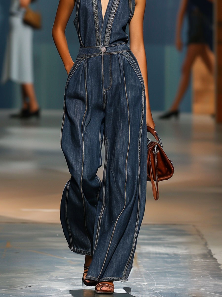 Wide-Leg Denim Jumpsuit - Dark Blue Ladies Casual Sleeveless Ensemble