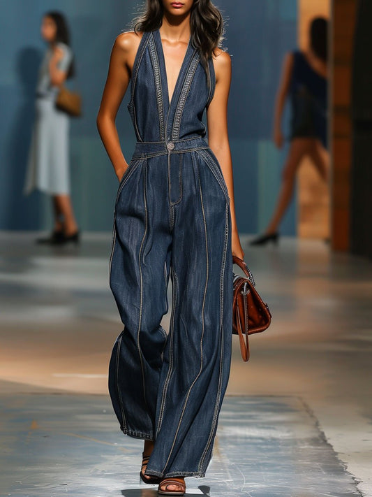Wide-Leg Denim Jumpsuit - Dark Blue Ladies Casual Sleeveless Ensemble