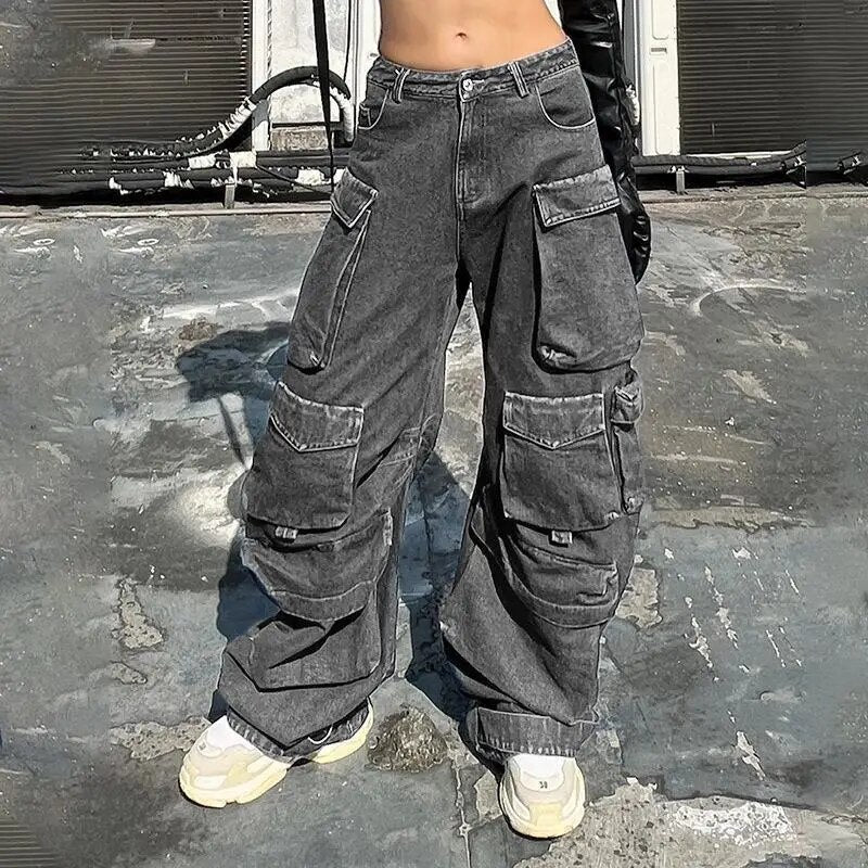 Wide Leg Denim Trousers - Stylish Cargo Jeans For Ladies