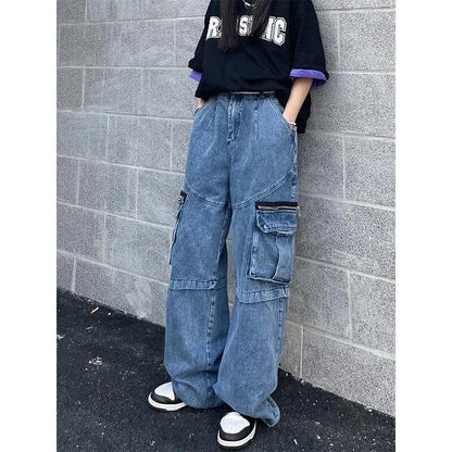 Wide Leg Denim Trousers - Stylish Cargo Jeans For Ladies
