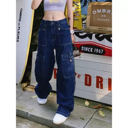 Wide Leg Denim Trousers - Stylish Cargo Jeans For Ladies