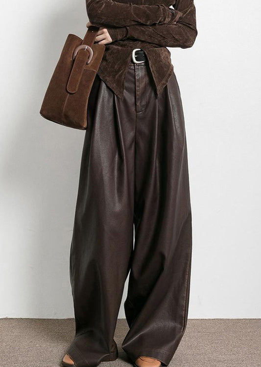 Wide Leg Faux Leather Trousers - Chic Brown Ladies High-Waisted Pants