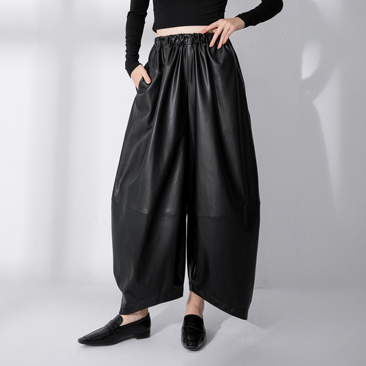 Wide Leg Leather Trousers - High Waist Black Ladies Trousers