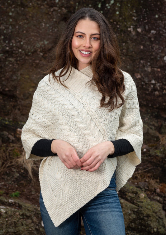 Wool Aran Irish Poncho - Natural Ladies Knitted Cape