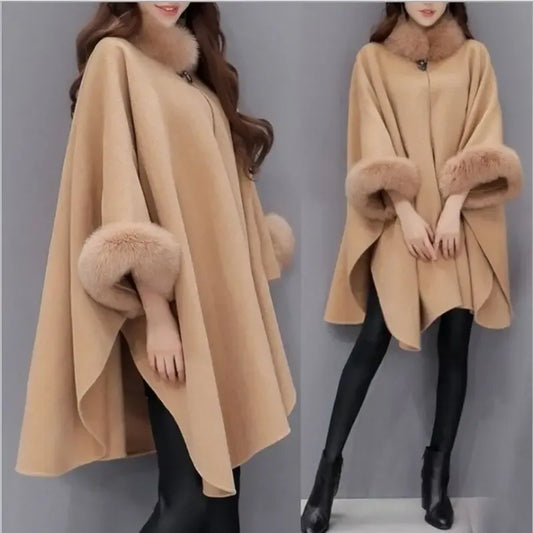 Wool cape coat - elegant ladies wrap with faux fur trim