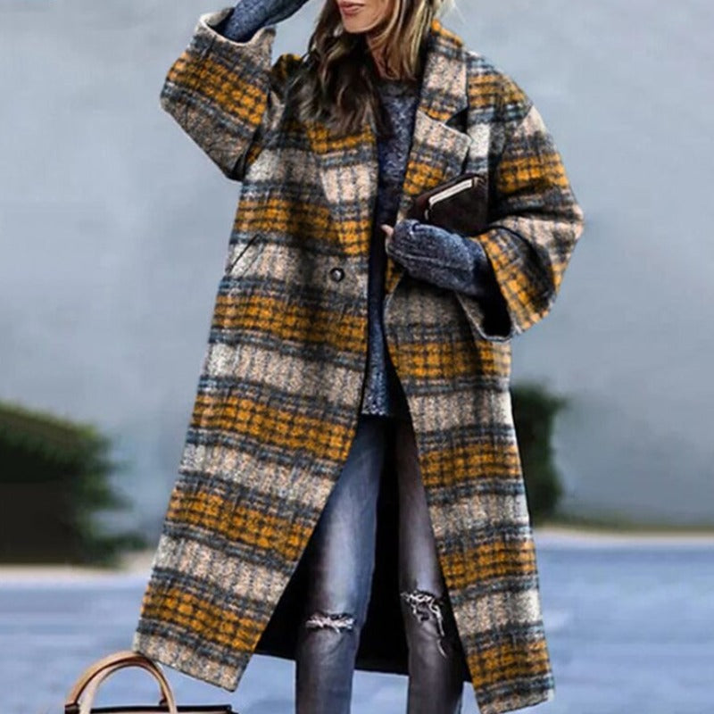 Wool coat - elegant ladies oversized check patterned coat