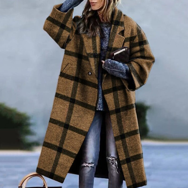 Wool coat - elegant ladies oversized check patterned coat