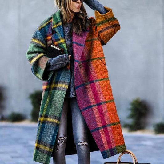 Wool coat - elegant ladies oversized check patterned coat