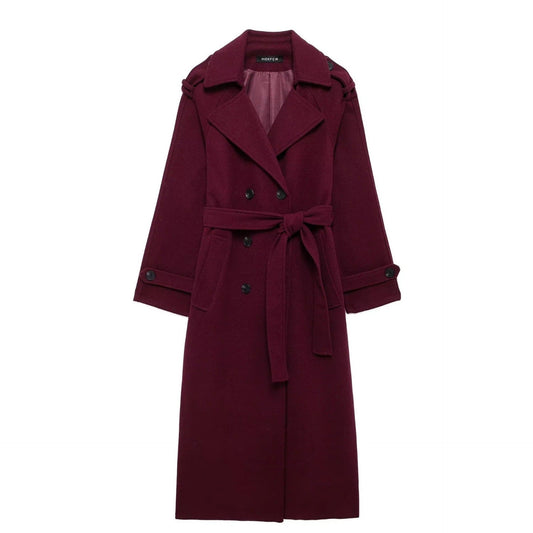 Wool Trench Coat - Elegant Long Red Ladies Coat
