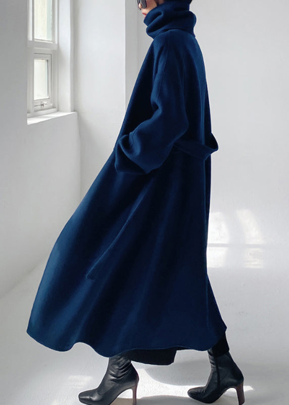 Wool Wrap Coat - Elegant Blue Long Ladies Coat With Scarf