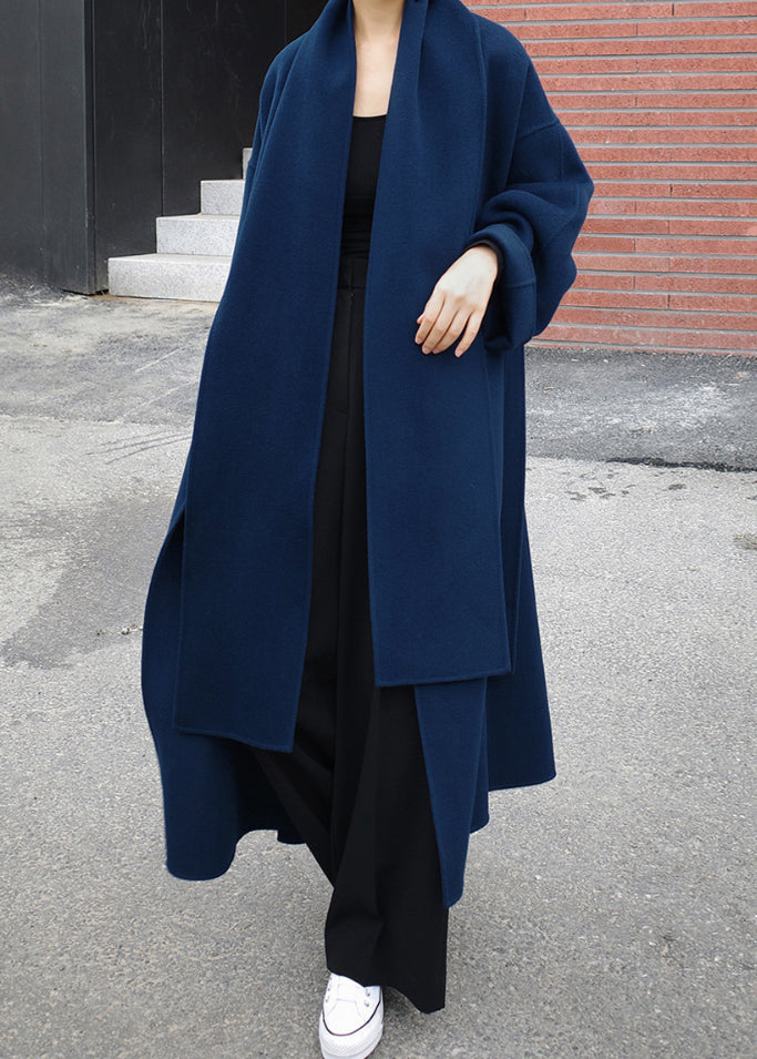 Wool Wrap Coat - Elegant Blue Long Ladies Coat With Scarf