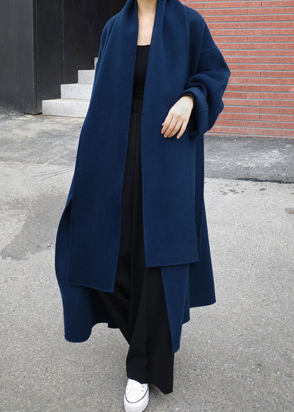 Wool Wrap Coat - Elegant Blue Long Ladies Coat With Scarf