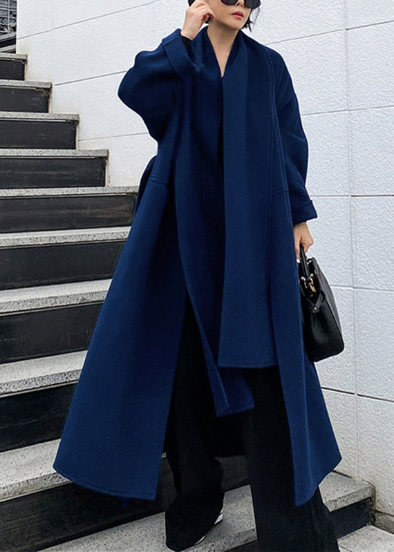 Wool Wrap Coat - Elegant Blue Long Ladies Coat With Scarf