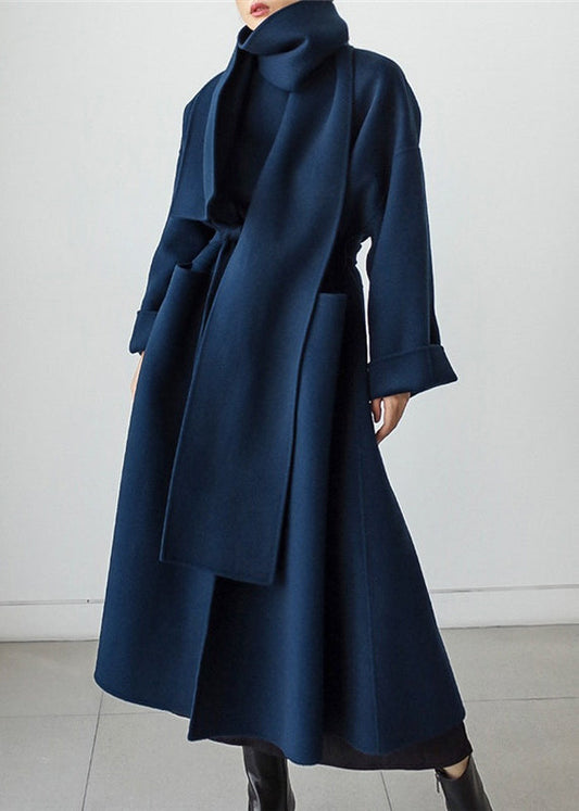 Wool Wrap Coat - Elegant Blue Long Ladies Coat With Scarf
