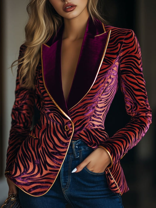 Zebra Pattern Blazer - Ankola Red Ladies Velvet Lapel Blazer